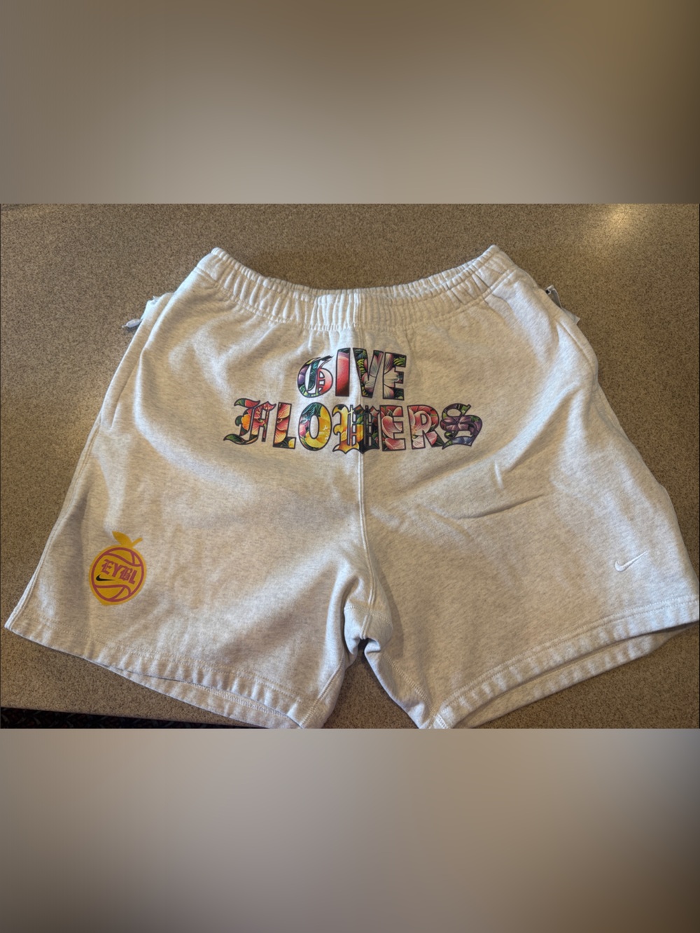 EYBL Peach Jam Light Gray Shorts with 'Love The Homies' Graphic on front XL